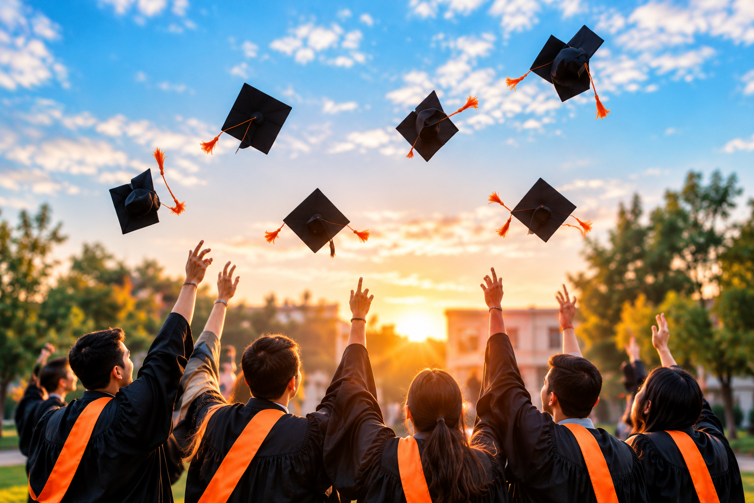 Students celebrating graduation by throwing their caps