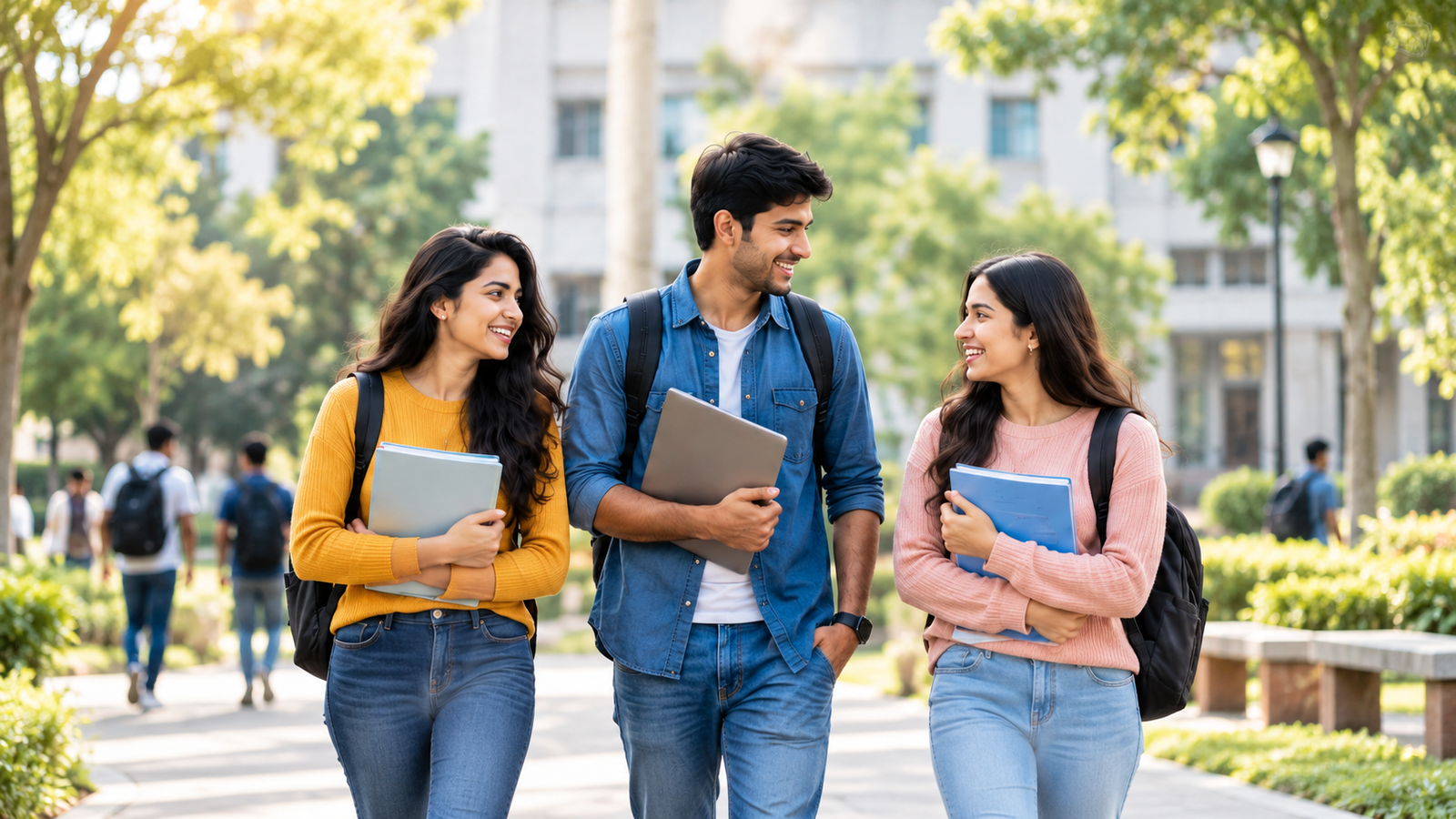 Three friends walking together on a college campus